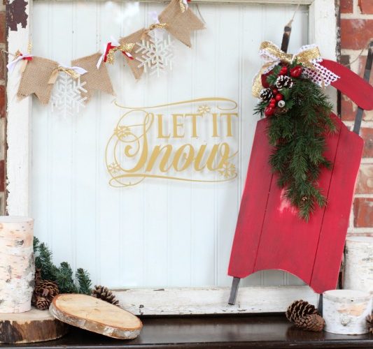 Let it snow vintage window and sled