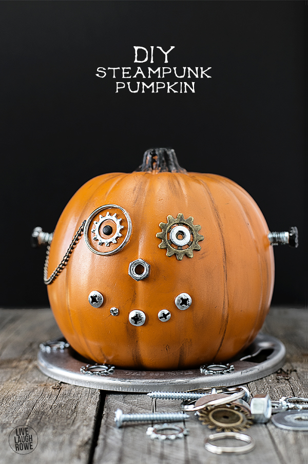 Easy DIY Steampunk Pumpkin, a fun and whimsical mechanical wonder.  A unique Halloween pumpkin that's sure to be a conversation starter.  A great kids craft too.  www.livelaughrowe.com
