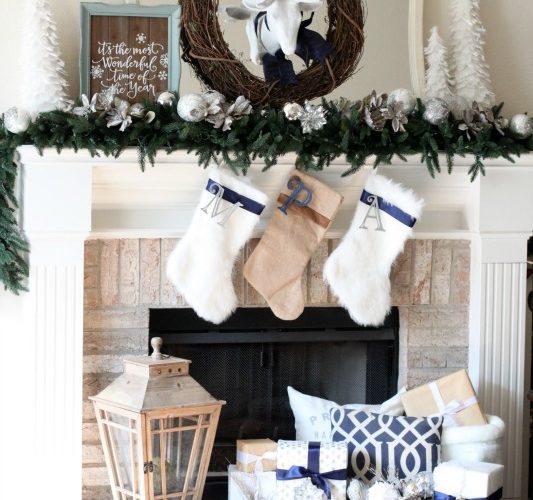 Silver and blue christmas mantle