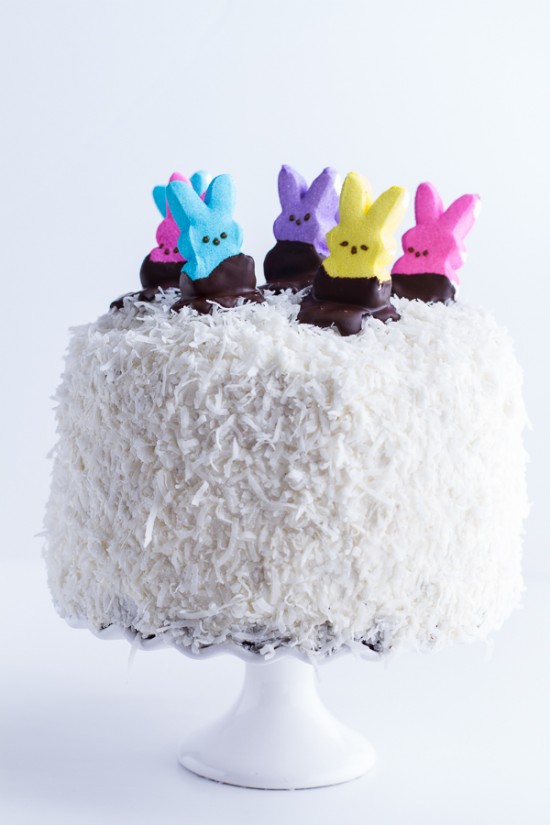 6 Layer (or 3 Layer) Coconut Chocolate Peeps Cake, 25 Easter Dessert Ideas 