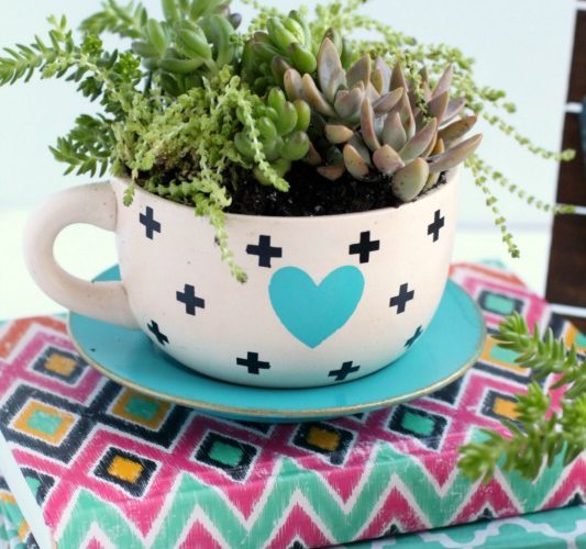 Diy succulent tea cup planter black white teal cup giggles galore