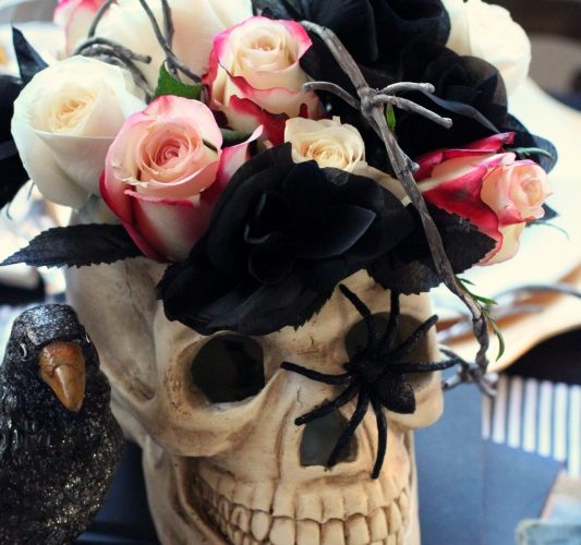 Floral skull centerpiece for skeleton themed halloween party