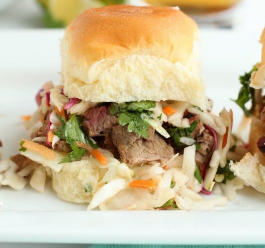 Tailgate brisket sliders with sweet and spicy jalapeno coleslaw