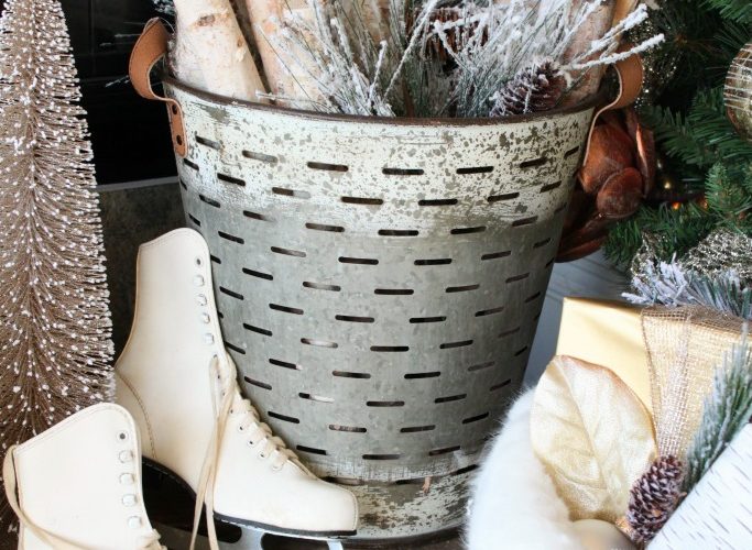 Farmhouse olive bucket with christmas decor