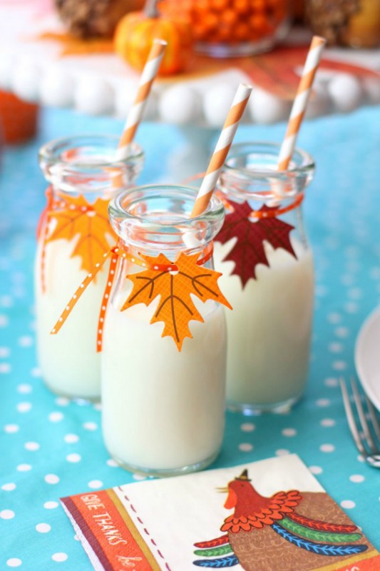 Mini Milk Glasses, Kids Thanksgiving Table Ideas via Giggles Galore