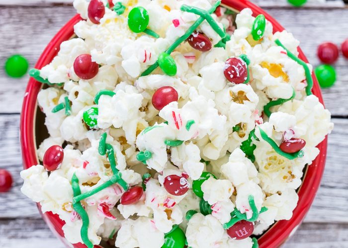 White chocolate peppermint popcorn snack