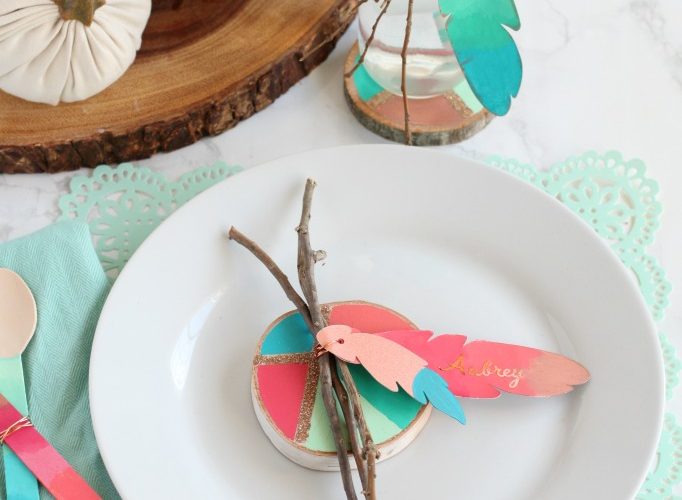 Colorful painted feather place cards kids thanksgiving table