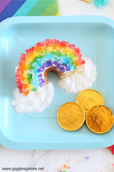 Rock candy rainbow donut with chocolate coins