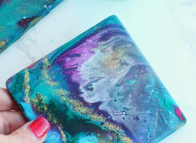 Diy paint pour galaxy ceramic coasters