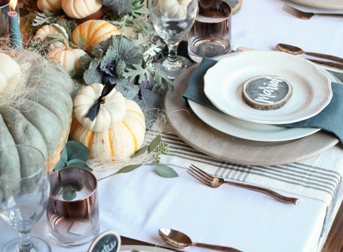 Fall farmhouse table setting and centerpiece