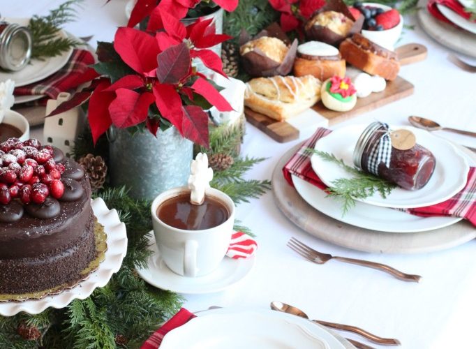 Poinsettas plaid holiday brunch table setting