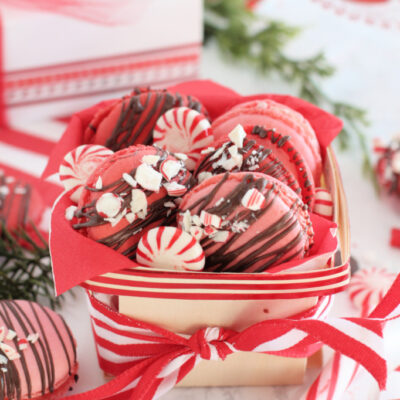 Chocolate Drizzled Peppermint Macarons