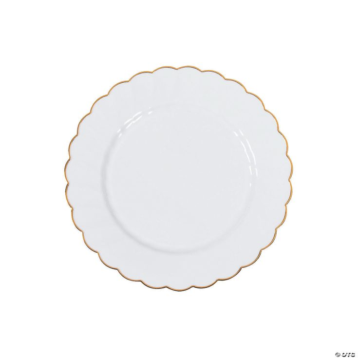 premium white elegance plastic dessert plates with scalloped gold trim 25 ct 13809218